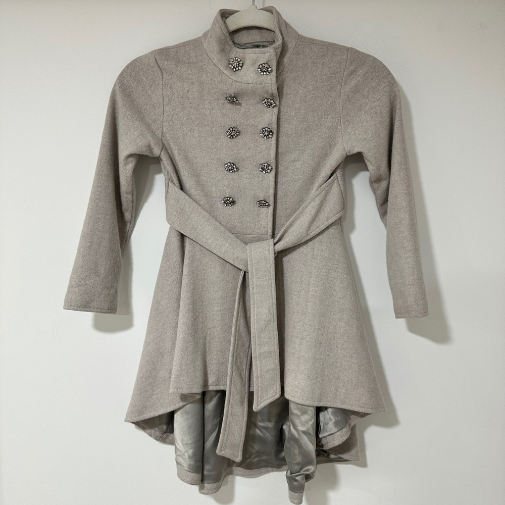 Joyfolie Mia Joy Girls‎ Coat 7 Gray Wool Blend Rhinestone Button Belted High Low